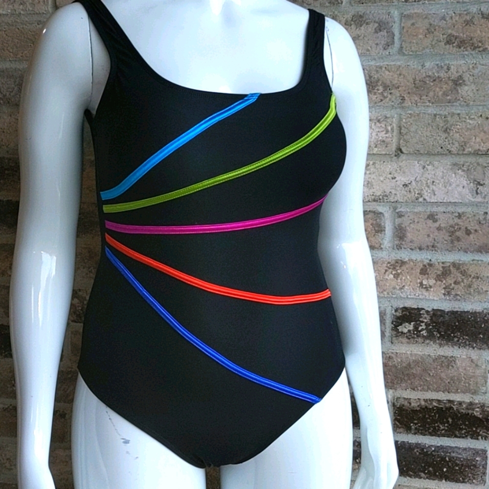 Black one piece swimsuit with colorful lines